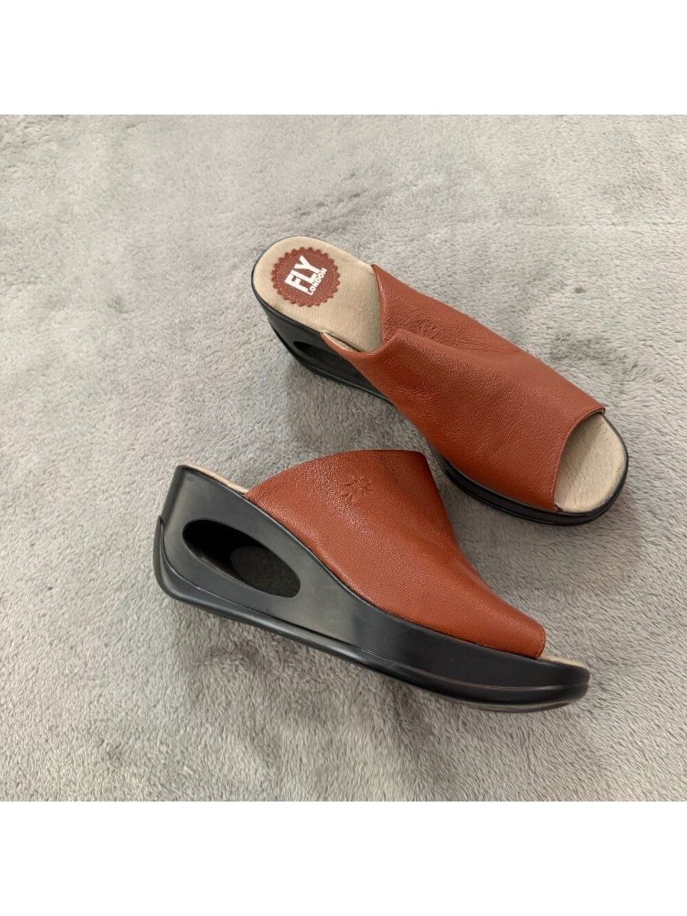 Fly London Hima Brown Leather Wedge Sandals Shoes 39 US 8 8.5